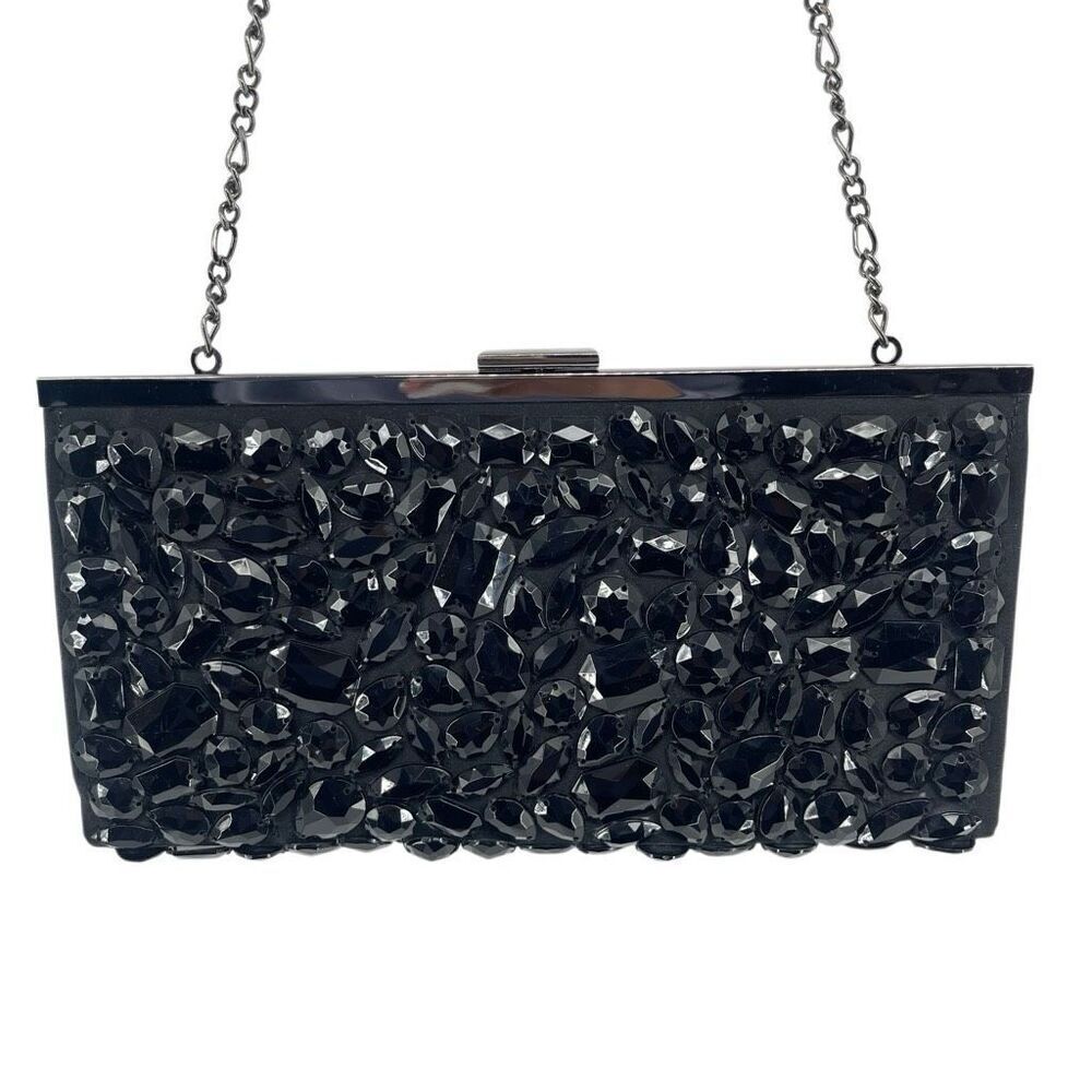 White House Black Market Black Faceted Beaded Evening Clutch Hard Case - Picture 6 of 11